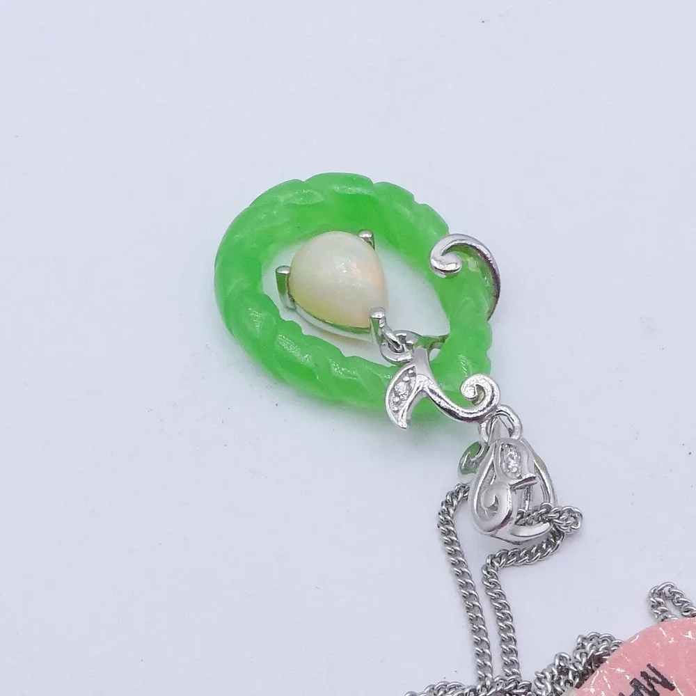 Djoy Sterling Silver Opal Carved Jade Platinum Plated Leaf Pendant Necklace 20in